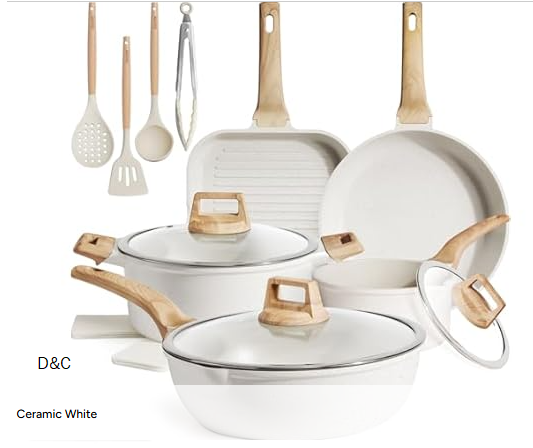 Kikcoin 16Pcs Pots and Pans Set Nonstick Ceramic Cookware Sets Induction Kitchen Cooking Set Non toxic Healthy Non Stick w/Grill Pan,Saute Pan, Ceramic White