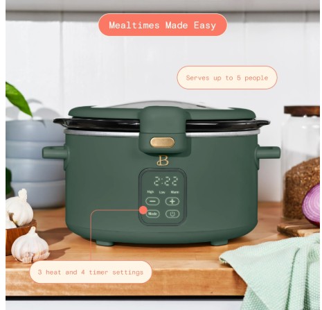 Beautiful 4 Qt Digital Slow Cooker with Hinged Locking Lid, Thyme Green by Drew Barrymore