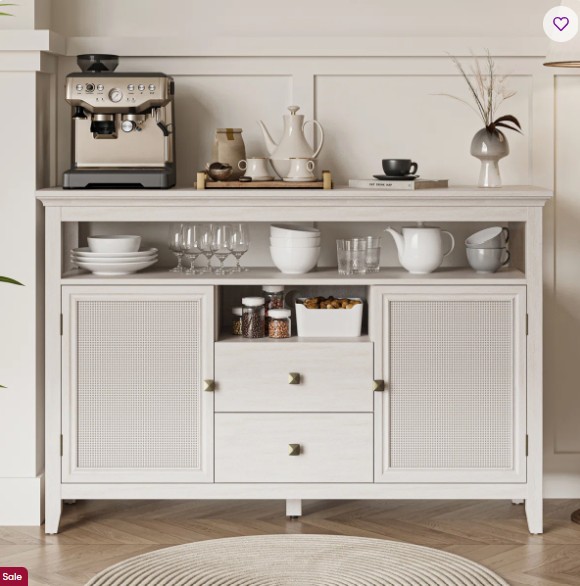 Azarius Boho Storage Coffee Bar Cabinet with Natural Rattan Doors