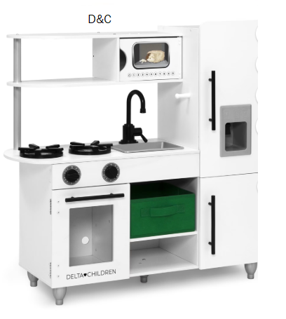Delta Children Deluxe Modern Kitchen – Wooden Toy Kitchen Playset with Realistic Knobs that Turn/Click, Oven, Sink and Fridge/Freezer with Ice Maker, White