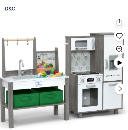 Delta Children Wooden Corner Play Kitchen Playset with Lights, Oven, Sink, Refrigerator & Ice Maker, 20-Piece Kitchen Accessories, White