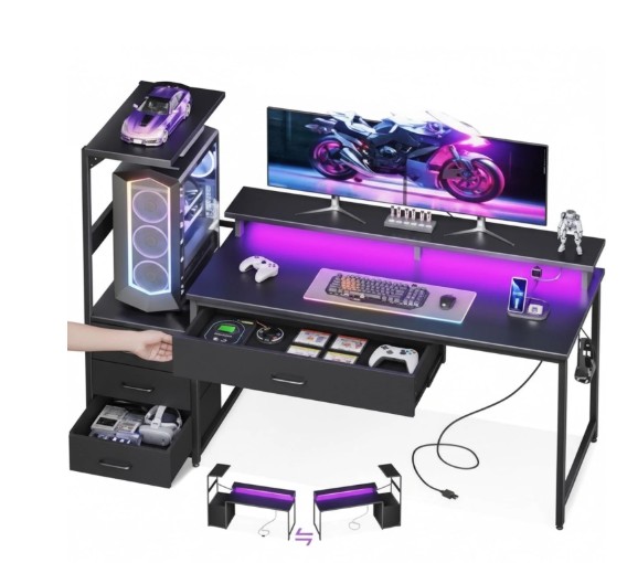 JIOABL 52″ Gaming Desk with RGB LED, Built-in Charging Station, Ergonomic Monitor Stand, Storage Drawers, Reversible Shelf, for Teens & Adults, Black
