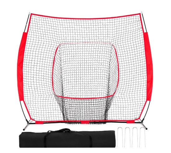 JIOABL 7 ft x 7 ft Baseball & Softball Practice Net with Bow Frame, Carry Bag & Strike Zone Target, for Hitting Pitching, Red