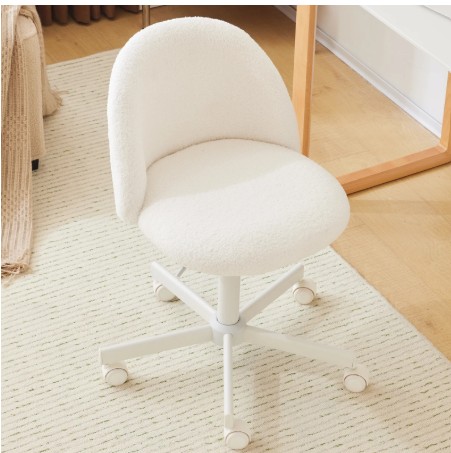 Ktaxon Armless Home Office Desk Chair Cute Mid Back Vanity Stool Teddy Velvet Swivel Task Chairs with Wheels White