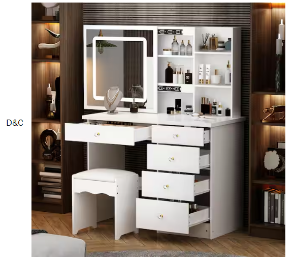 5-Drawers White Wood LED Push-Pull Mirror Makeup Vanity Sets Dressing Table Sets with Stool and 3-Tier Storage Shelves