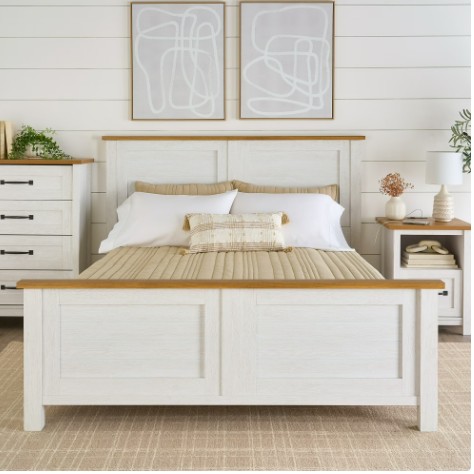 Better Homes & Gardens Modern Farmhouse Queen Platform Bed, Alabaster and Light Honey Finish