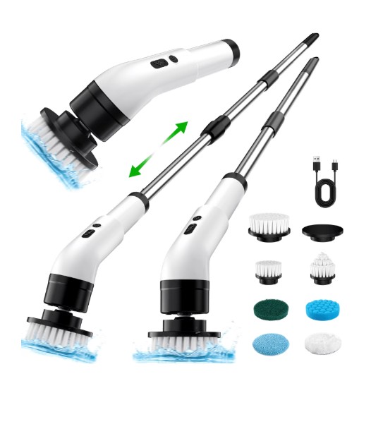 Electric Spin Scrubber Cordless – Power Scrubber for Shower Cleaning, Bathroom Scrub Brush with 7 Replaceable Brush Heads & Extendable Handle, 2-Speed Electric Cleaner