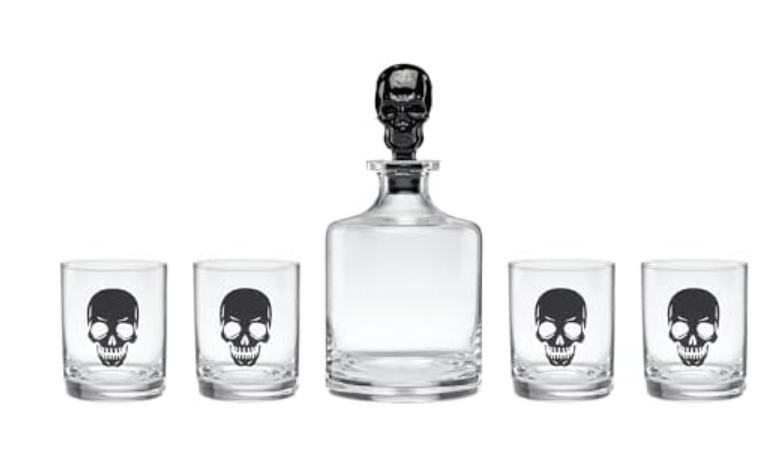 Oneida Barware, 5-Piece Skeleton Whiskey Set, 4 Drinking Glasses & 1 Decanter, Dishwasher Safe, Halloween Decor Indoor, Halloween Table Decorations for Party, Skeleton Themed (4 Glasses, 1 Decanter)