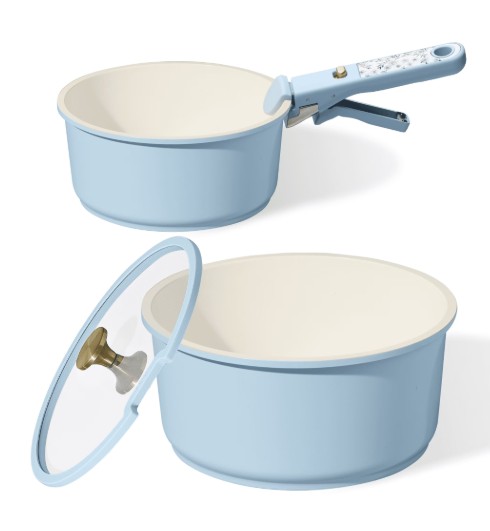 Carote 4 Pcs Ceramic Saucepans Set, Pots Set with Detachable Handle, Oven Safe, Induction Cookware, Stackable Kitchen Cooking Set, Blue