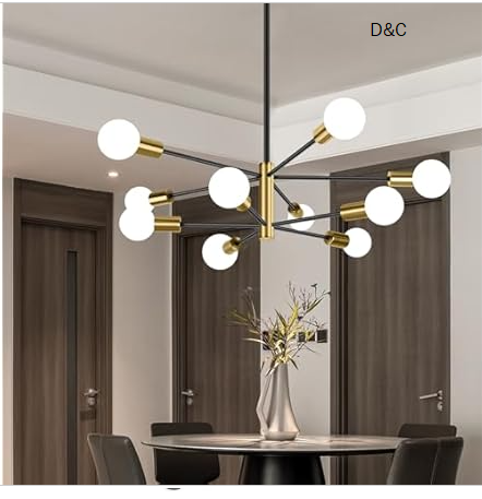 BesLowe 10-Light Modern Sputnik Chandelier, Mid Century Black & Gold, Height Adjustable