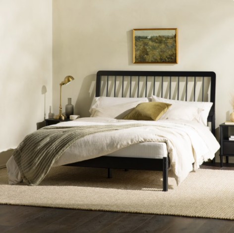 Walker Edison Mid-Century Modern Slatted Solid Wood Queen Bedframe, Black