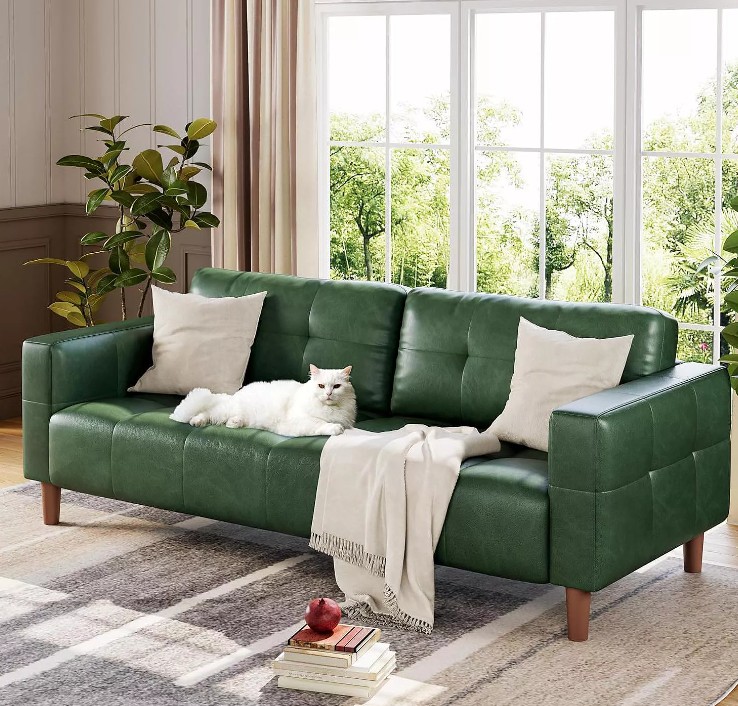 3-Seater Sofa Couch, 83″ Faux Leather Sofa with Spring Cushion, Modern Deep-Seat Sofa with 2 Removable Back Cushions