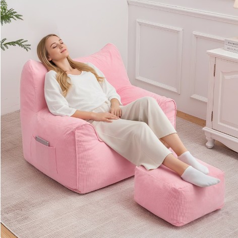 Lusimo Bean Bag Chair with Ottoman Bean Bag with Footstool for Adults Teens, Bean Bag Sofa with Washable Cover, Pocket, Handle for Bedroom, Living Room, Pink