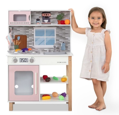 Delta Children Tiny Chef Play Kitchen – Wooden Toy Kitchen Playset with Realistic Knobs that Turn/Click, Oven, Sink, Microwave and 15 Pieces of Play Food, Pink