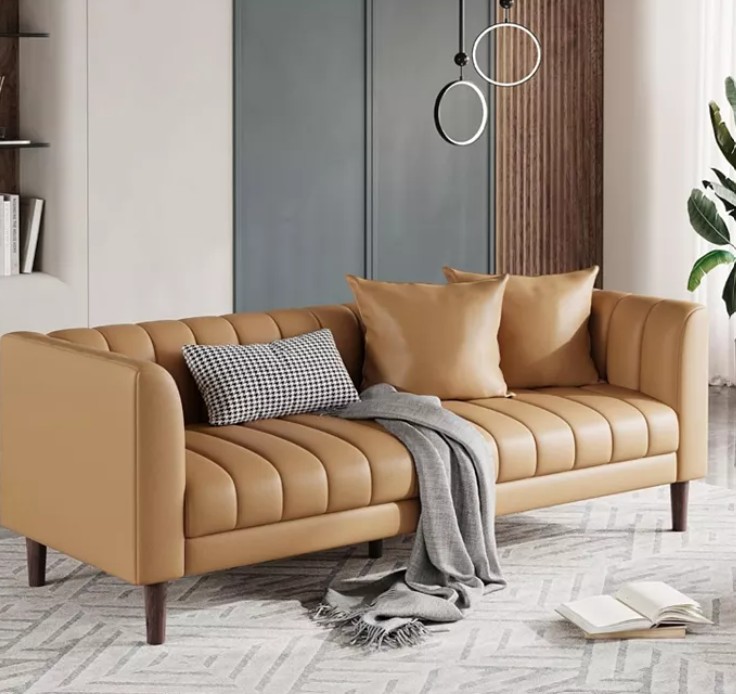 Modern 78″ Faux Leather Sofa, Deep Seats, 3-Seater with Pillows & Wood Legs