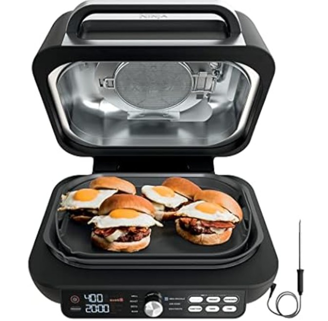 (NEW) Ninja IG651 Foodi Smart XL Pro 7-in-1 Indoor Grill/Griddle Combo, use Opened or Closed, Air Fry, Dehydrate & More, Pro Power Grate, Flat Top, Crisper, Smart Thermometer, Black