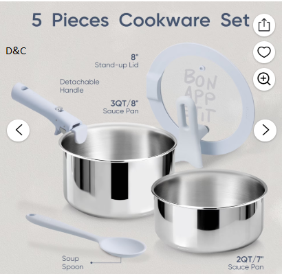 Carote 5-Piece Tri-Ply Stainless Steel Saucepan Set with Detachable Handle, 2QT & 3QT Small Induction Cooking Pot