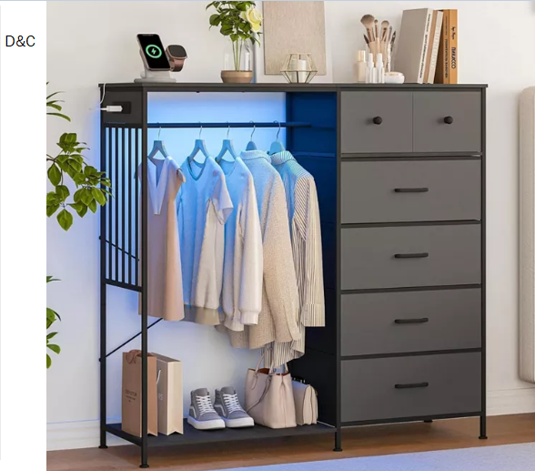 6 Drawers Dresser for Bedroom with Hanging Rack, LED Lights & Charging Station, Wooden Top Storage Chest of Drawers