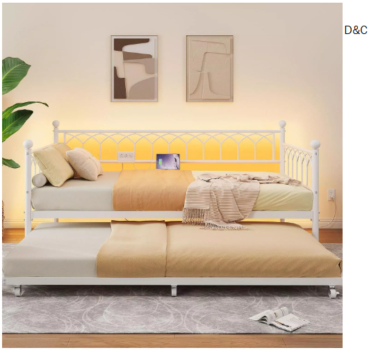 Twin Size Metal Daybed with Trundle Charging Station LED Lights Sofa Bed