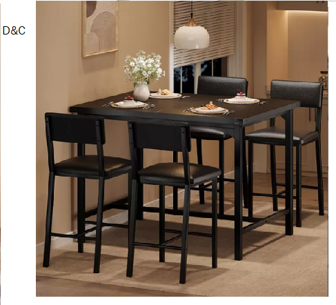 Dining Table Set for 4 w/Footrest and Corner Protector 5-Piece Kitchen Table Set with Counter Height Table and 4 Upholstered Bar Stools