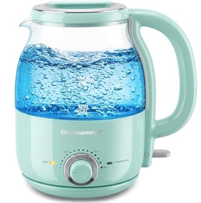 Elite Gourmet 1.2L Electric Glass Kettle, 1200W Fast Boil, Adjustable Temperature Control & Keep Warm, BPA-Free Borosilicate Glass, Auto Shut-Off & Boil-Dry Protection, 360° Cordless Base, Mint