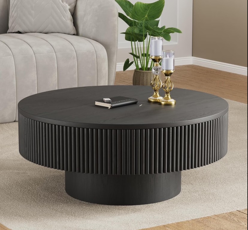 Gelloan 31.5″ Round Fluted Coffee Table, Modern Wood Circle Coffee Table, Veneer Handcrafted Relief Tea Table for Living Room,Black