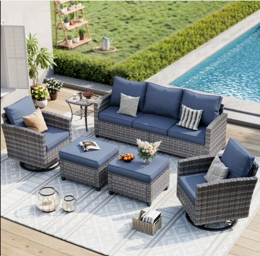 ELPOSUN Patio Furniture Set, 6 Pieces Outdoor Patio Set, All-Weather Wicker Rattan Outdoor Furniture Set with Swivel Chairs for Poolside, Backyard, Gray Wicker Navy Blue Cushions
