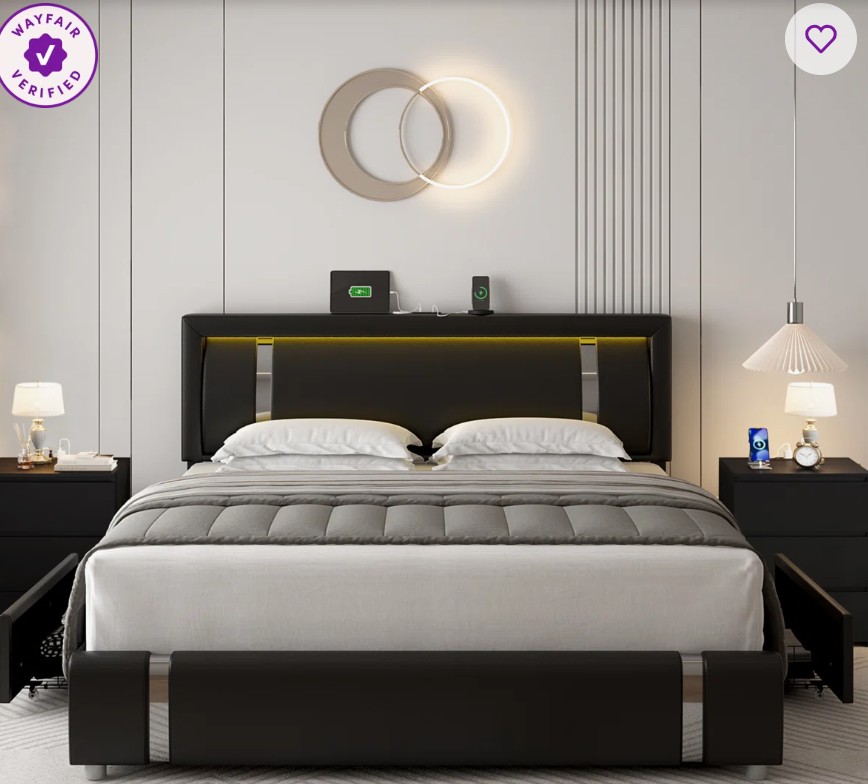 3-Piece Bedroom Sets, Storage Bed with 2-Drawers and Charging Port