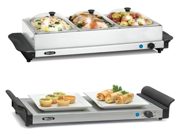 BELLA 3 x 1.5 Quart Triple Electric Buffet Server, Food Warming Tray & Slow Cooker – Brushed Stainless Steel Heated Serving Station for Parties & Catering