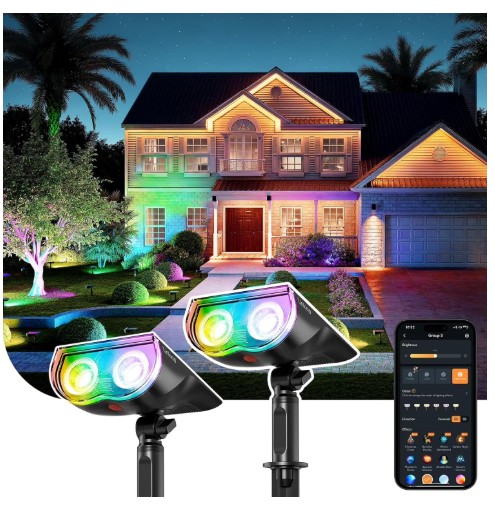 Linkind Smart Solar Spot Lights Outdoor, Solar Spotlight Waterproof Color Changing APP/Voice Control Landscape Lighting for Yard, Garden, Pathway, 2-Pack