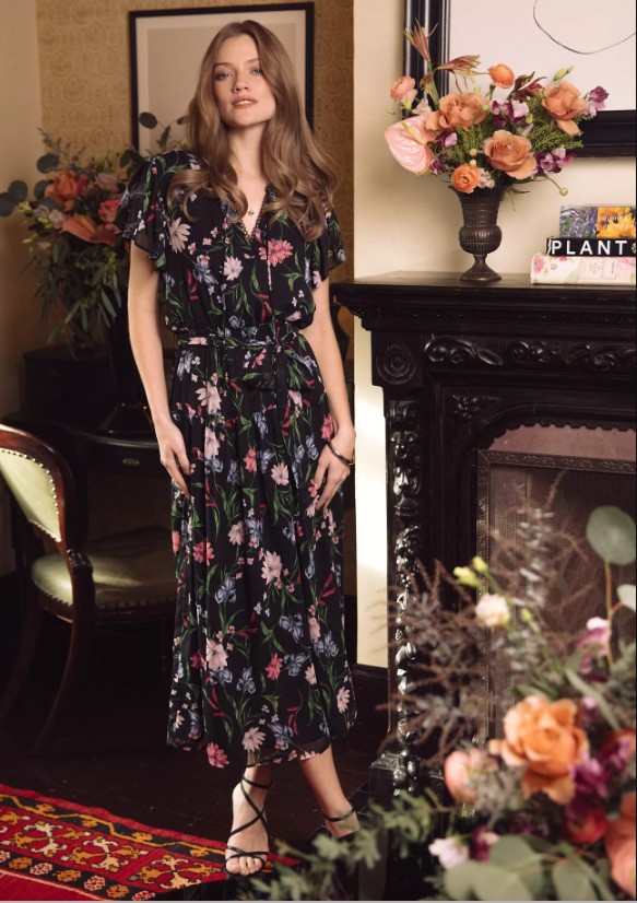 Women’s Ruffle Detail Tie Neck Midi Dress