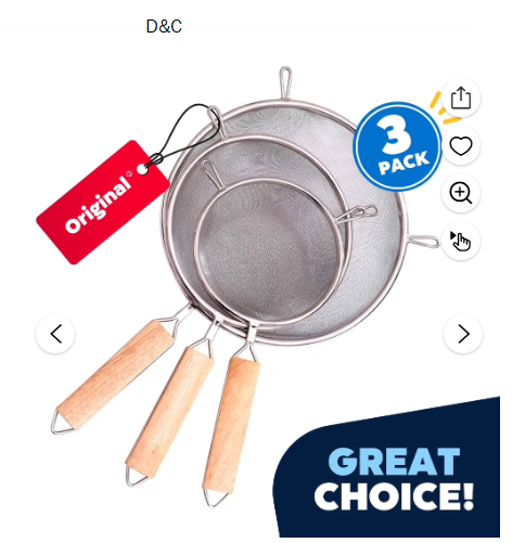 JEEXI Set of 3 Premium Strainers – Sieve Mesh Extra Fine Stainless Steel Strainers, Wooden Handles, Ideal to Strain Pasta, Quinoa and Rice