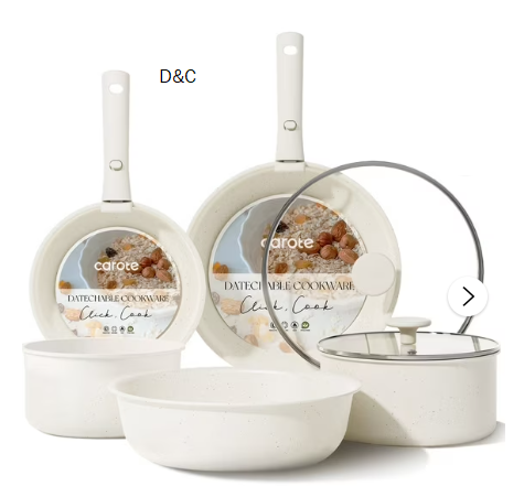 Carote 13 Pcs Nonstick Cookware Sets, Pots and Pans with Detachable Handles, Oven Safe, Induction Cookware, Stackable Kitchen Cooking Set, White