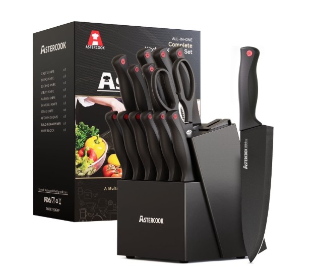 Astercook Kitchen Knife Set, 14 Pcs Knives Block Set with Built-in Sharpener, Healthy Anti-Rust Coating & German Stainless Steel Knife Set, Dishwasher Safe Black