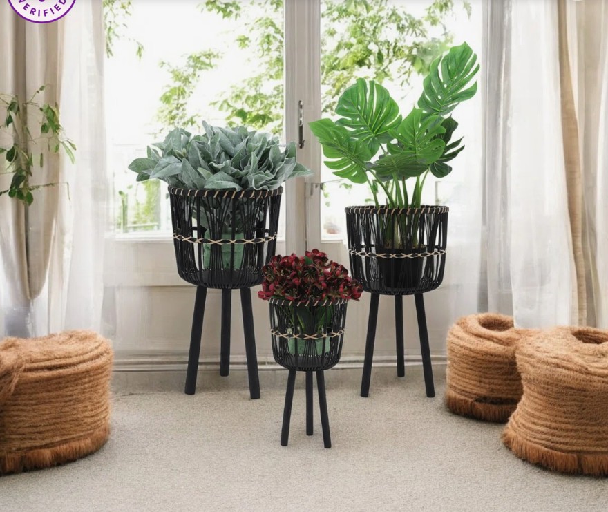 Neutral Boho Wicker Planter Stand Set, Versatile Indoor Garden Decor