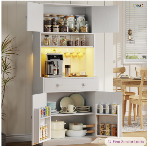 71″H Kitchen Pantry Cabinet With Doors, Drawer, Farmhouse Pantry Cabinet With Power Outlet & Led Light