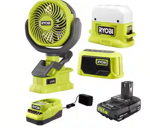 ONE+ 18V Cordless 3-Tool Campers Kit with Area Light, Bluetooth Speaker, 4 in. Clamp Fan, 1.5 Ah Battery, and Charger