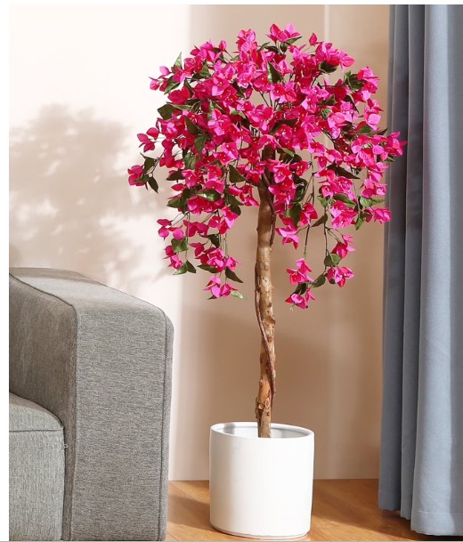 DR.Planzen 4 feet Artificial Bougainvillea Flowers Tree In Black Plastic Pot, Indoor Plants with Wood Trunk and Pink Flowers for Housewarming Decor