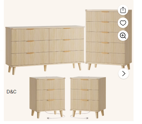 Laintene Boho Bedroom Set of 4 – 6 Drawer Dresser, 5 Drawer Vertical Dresser & 2 Nightstands with 3 Drawers & USB Charging, Fluted Wooden Storage for Modern Bedroom, Natural