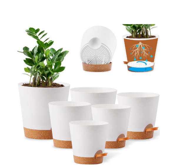 Remiawy Self Watering Plant Pots with Drainage Hole, 8/7/6.5/6/5.5/5 Inch Self Watering Planters for Indoor Outdoor Plants , White Plastic Flower Pots 6 Packs