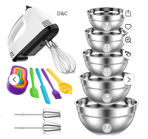 TINANA 7-Speed Electric Hand Mixer, 5 PCS Mixing Bowls Set, Metal Nesting Storage Bowls for Kitchen, Size 7, 4, 3.5, 2.5, 2 QT, Great for Prep, Baking, Serving
