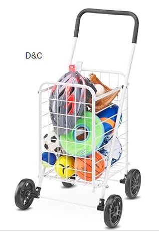 Whitmor Folding Utility Shopping Cart with Wheels, Heavy Duty Metal Grocery Cart, Portable Foam Handle, Rolling Collapsible Trolley for Groceries, Laundry, Storage, White