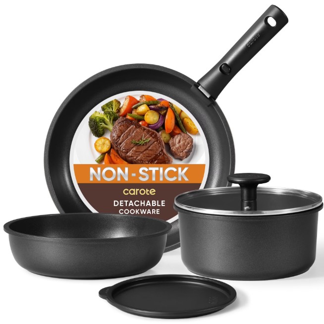 Carote 6 Pcs Pots and Pans Nonstick, Cookware Set with Detachable Handles, Oven Safe, Induction Ready, Stackable Kitchen Cooking Set, Black
