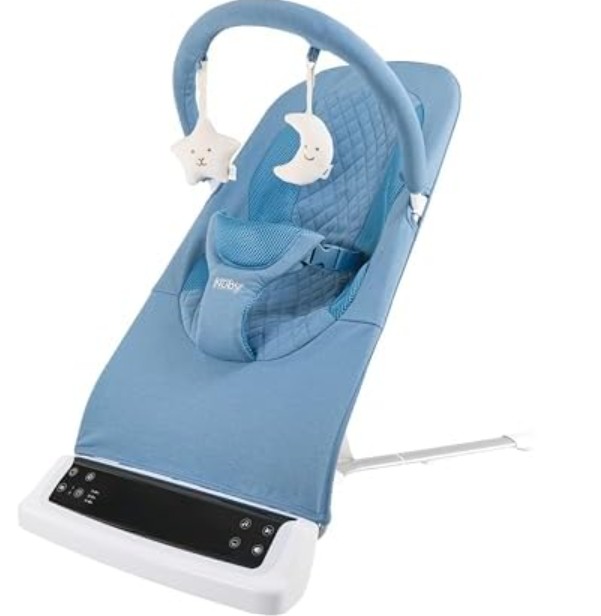 Nuby Deluxe Baby Bouncer Seat – Portable Infant Bouncer with Music, Fun Sounds, and Soothing Vibrations – Digital Display – 0-6 Months – Navy Blue