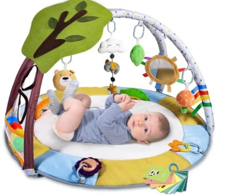 Lupantte 7-in-1 Baby Play Gym Mat with 2 Washable Covers, Infant Activity Mat with 6 Sensory Toys for Visual, Hearing & Cognitive Development, Thick Non-Slip Playmat for Babies & Toddlers