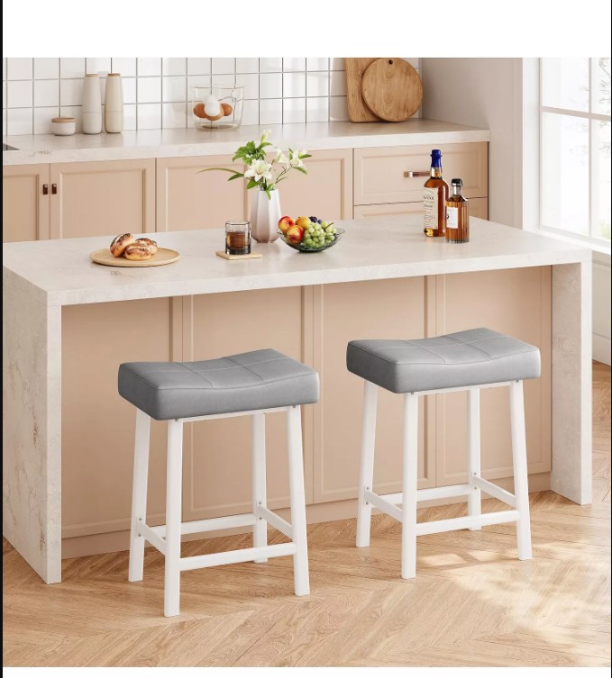 Set of 2 Ergonomic 24″ Counter Height Bar Stools with Curved PU Leather Seat, Metal Frame, Integrated Footrest, Supports 240 lbs