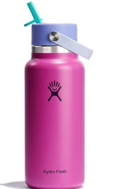 Hydro Flask Water Bottle – Insulated Stainless Steel – Wide Mouth Flex Straw Lid, Non Spill, Leakproof and Refillable in 32 Oz Holiday Punch