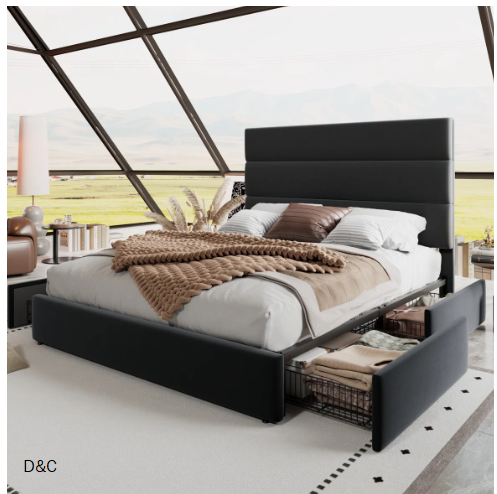 Platform Storage Bed With Wooden Slats And Velvet Upholstered Headboard