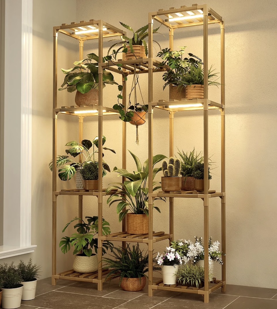 Plant Stand Indoor Plant Shelf Grow Light: Tall Wooden Plant Stand Indoor Holds 10+ Plants, Tiered Plant Rack with Timer Dimming Light for Indoor Garden Home Decor Living Room