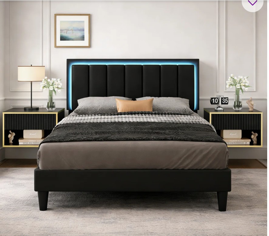 Smart LED Leather Platform Bed with 2-Piece Modern Floating Nightstand Set – 3-Piece Bedroom Suite